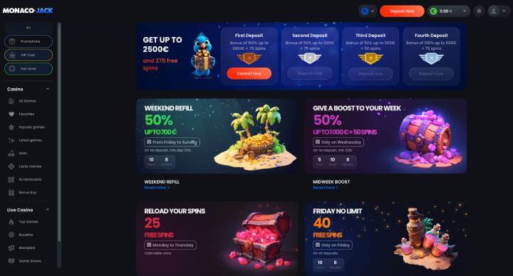 MonacoJack Casino promotions screenshot